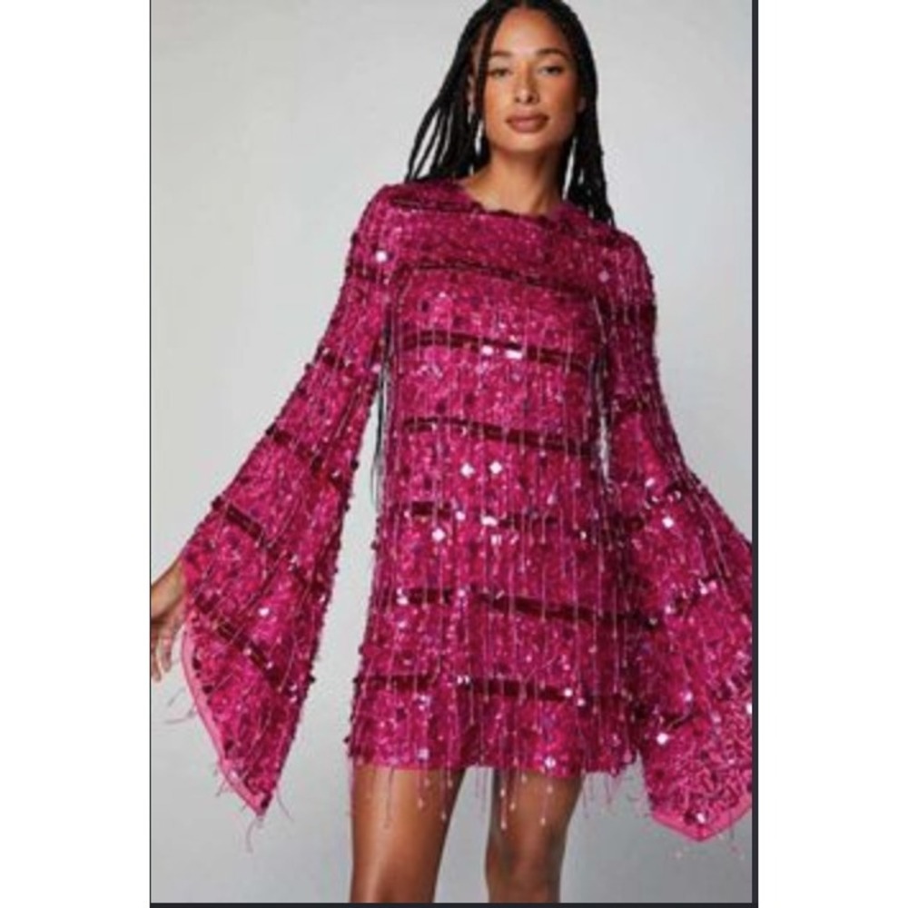 Nasty Gal Pink Sequin Fringe Mini Dress Long Bell Sleeve Beaded Glam Party Sz 6